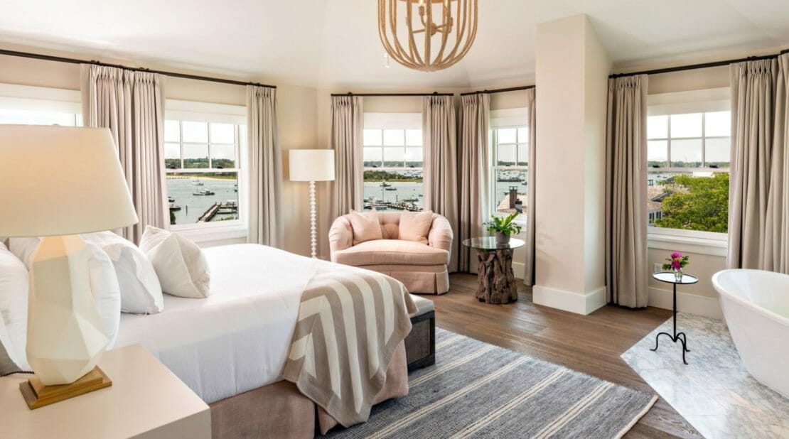 The Master Skyhouse bedroom with views of Edgartown Harbor at Harbor View Hotel.