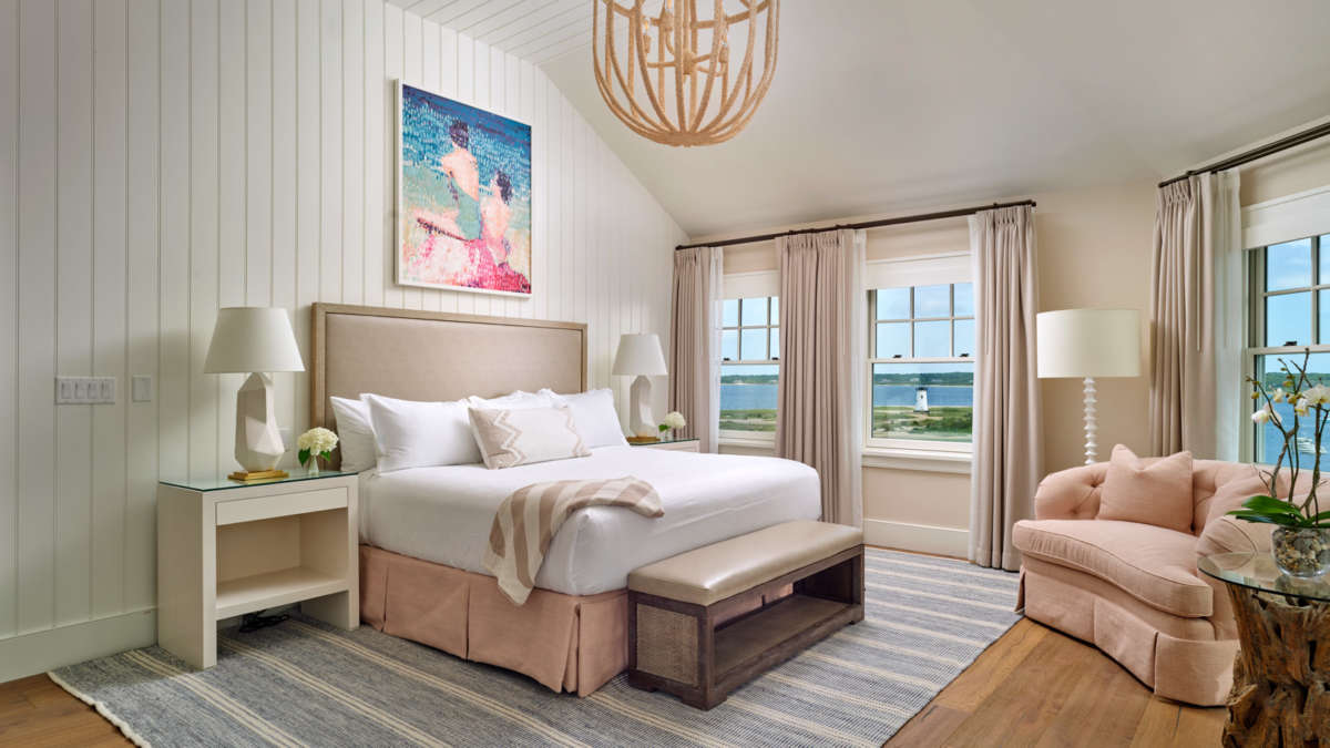 Skyhouse master bedroom with views of Edgartown Harbor at Harbor View Hotel.
