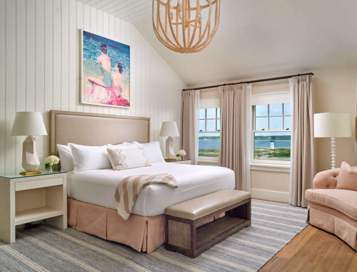 Skyhouse master bedroom with views of Edgartown Harbor at Harbor View Hotel.