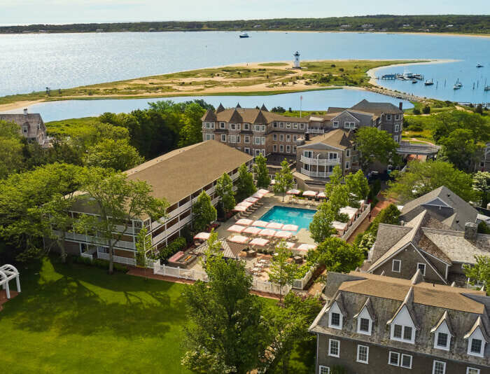 An aerial view of the Harbor View Hotel with Edgartown Harbor and Chappaquiddick Island in the background.