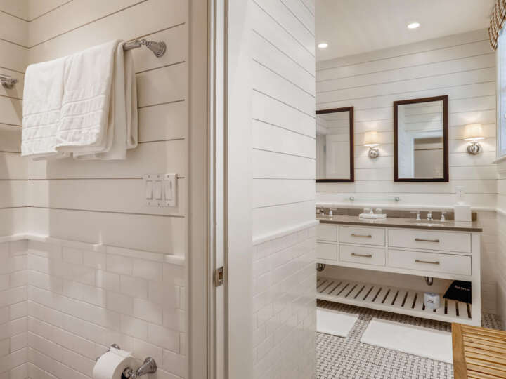 The master bathroom in the three bedroom Captain's Cottage at the Harbor VIew Hotel.
