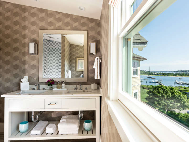 Hotel room bathroom and view of the harbor