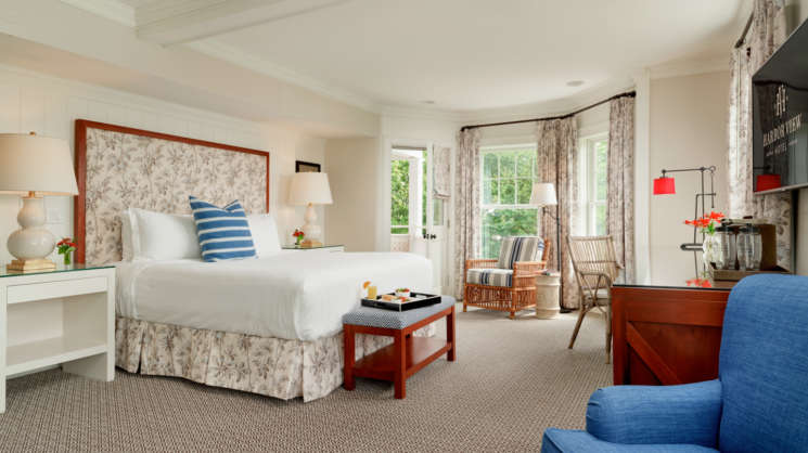 A king bed guest room in the historic building at the Harbor View Hotel.