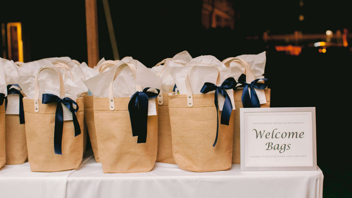 Table of wedding gift bags at Harbor View Hotel