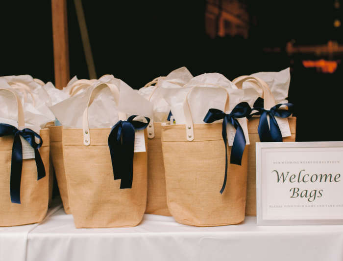 Table of wedding gift bags at Harbor View Hotel