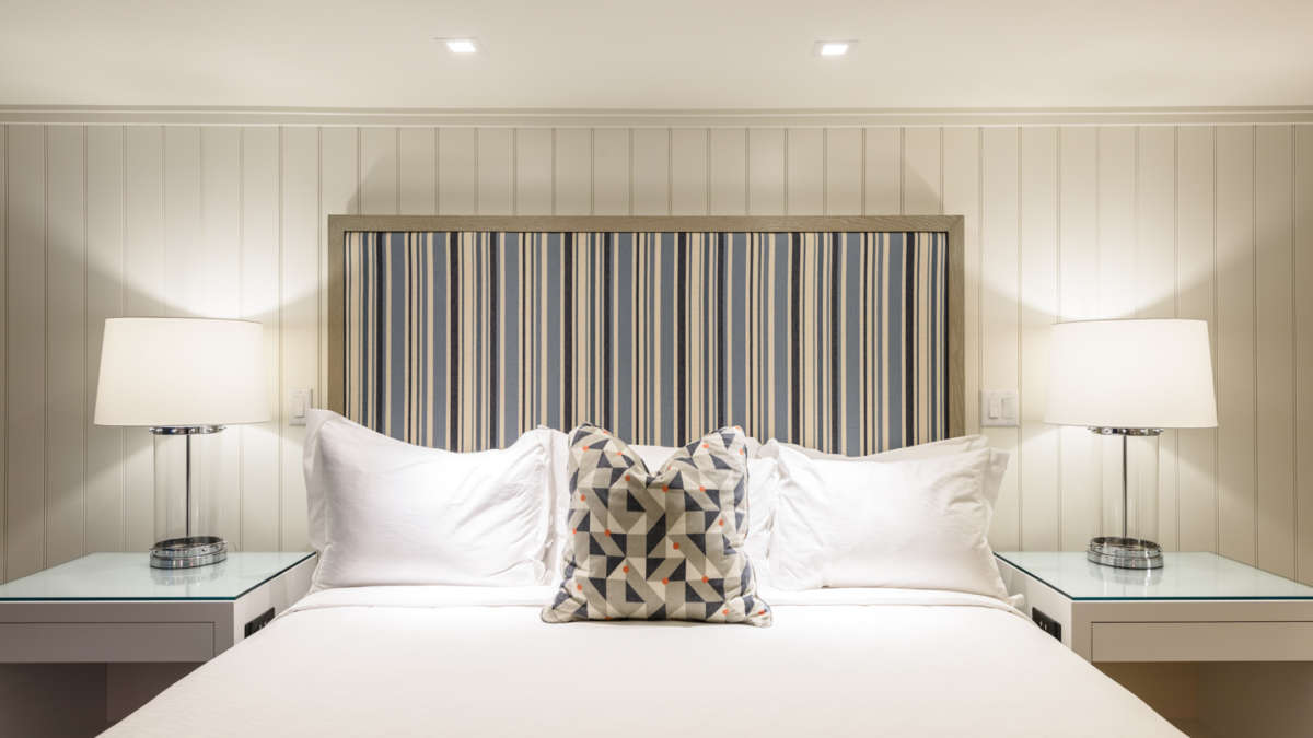 Queen bed with modern upholstered headboard