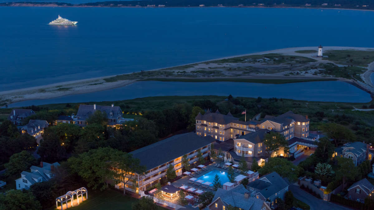 Harbor View Hotel at night with views of the Edgartown Harbor on Martha's Vineyard.