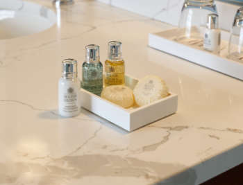 Luxury soap and shampoo in a guest room at Harbor View Hotel.