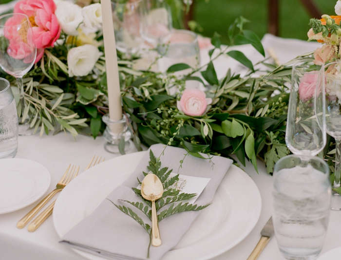 Wedding place setting at a tented wedding at Harbor View Hotel.