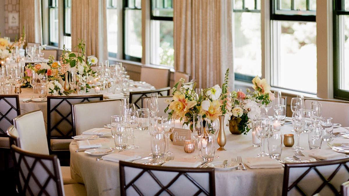 Elegant indoor table setting in the Edgartown Ballroom at Harbor View Hotel.