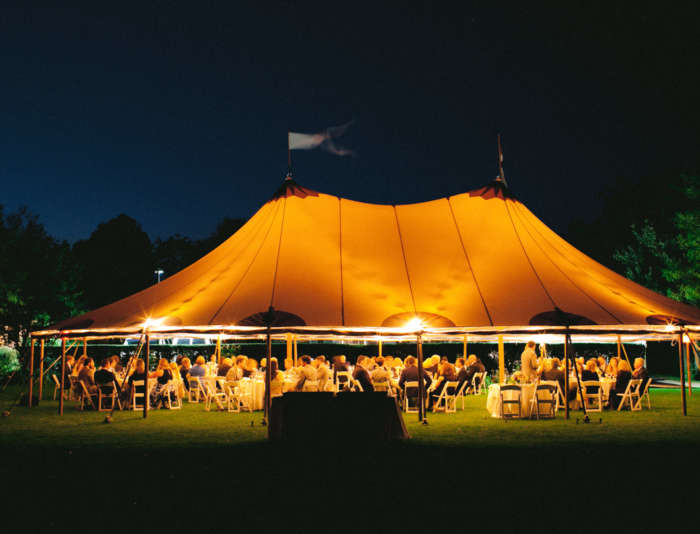 Wedding Reception tent at Harbor View Hotel at night.