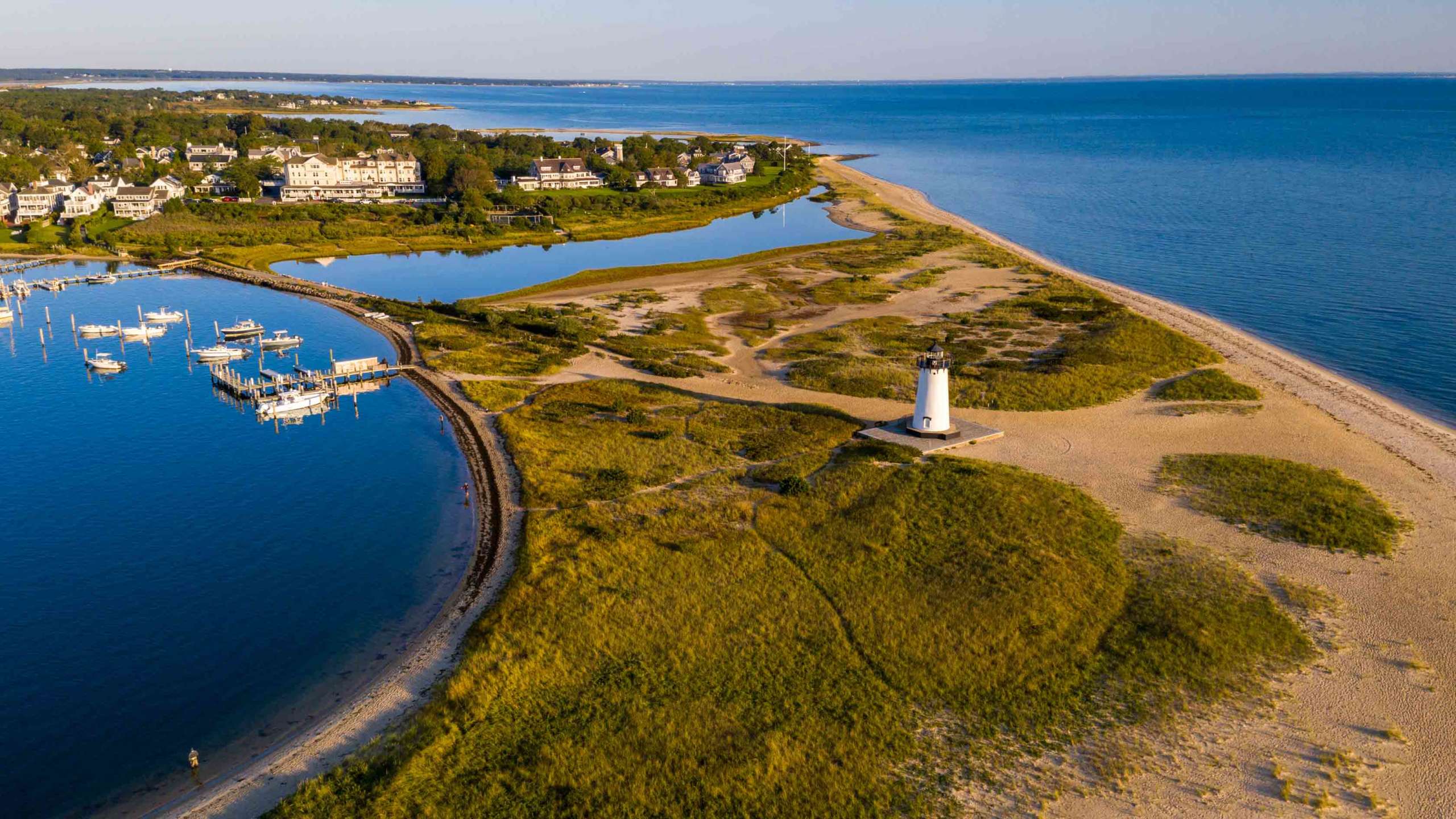 View of the island and lighthouse from the sky