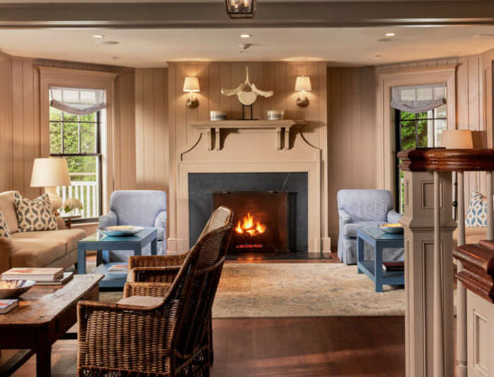 The Harbor View Hotel lobby with a fireplace lit.