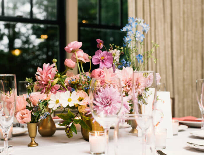 Pink flowers on a table for a wedding at Harbor View Hotel