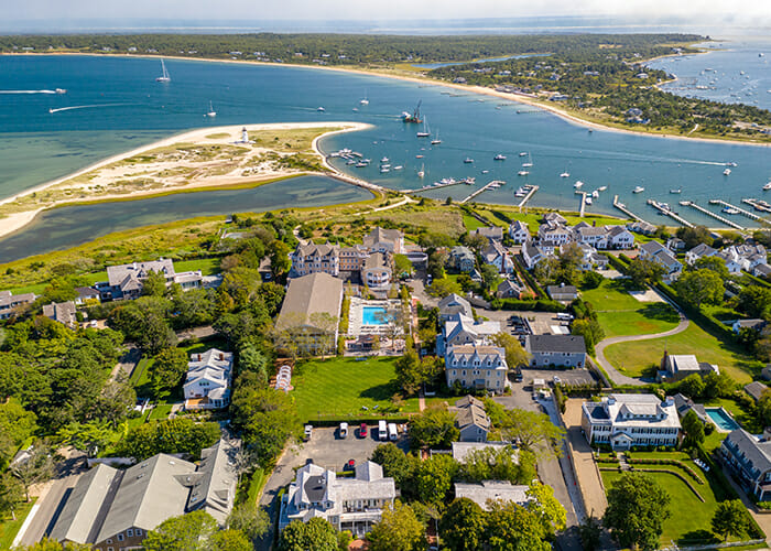 An aerial view of a Harbor View Hotel, the pool and the Edgartown harbor on Martha's Vineyard.