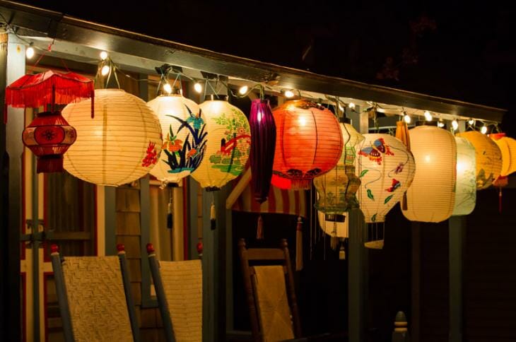 colorful japanese paper lanterns lit up at night