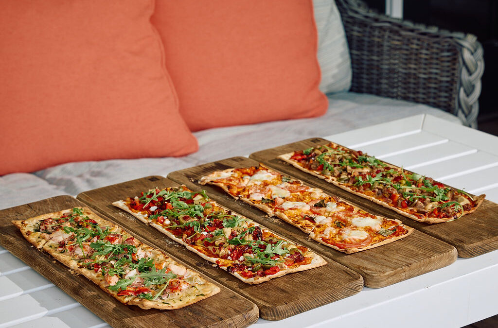 Four Flatbreads on the veranda at Harbor View Hotel.