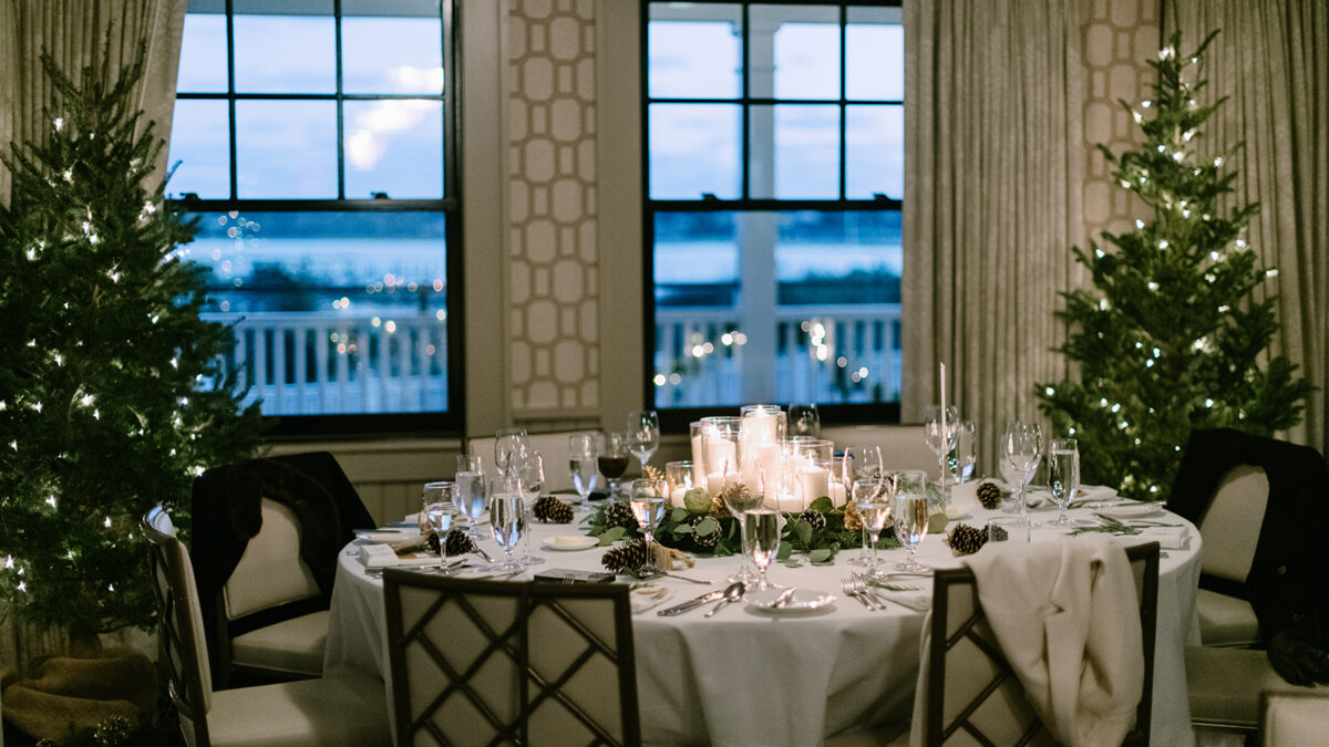 A winter wedding dinner table at Harbor View Hotel.