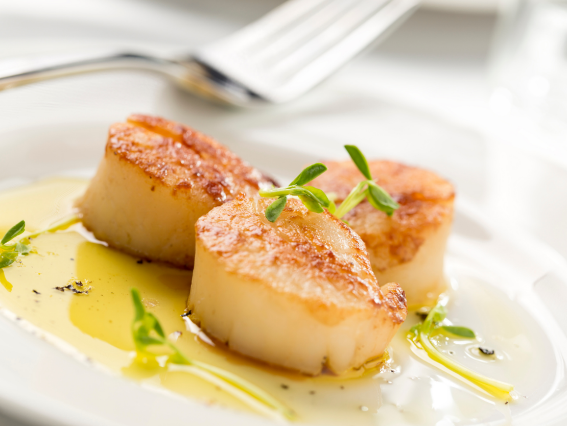 Seared Bay Scallops on a plate.